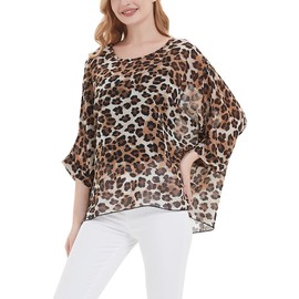 Women's Bohemian Style Summer Beach Lagenlook Top Kimono Loose Waterfall Chiffon Kaftan Poncho Shirt Leopard Brown