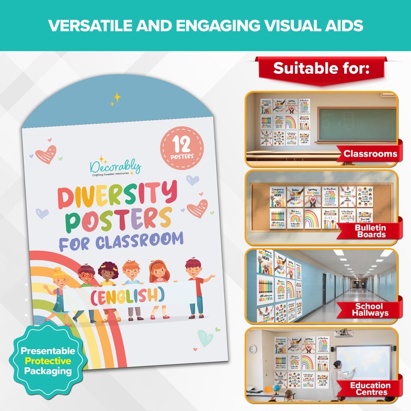 Decorably 12 Diversity Posters for Classroom, 11x14in Matte-Laminated Inspirational Inclusive
