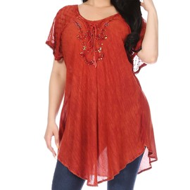 Sakkas Ellie Sequin Embroidered Cap Sleeve Round Neck Relaxed Fit Blouse, red