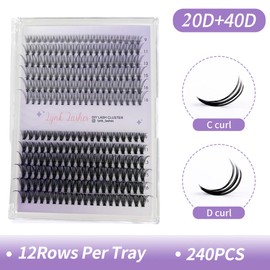 LYNK Lashes Cluster Lashes, 240 Pieces, Mixed 20D and 40D Tray, DIY Eyelash Extensions, D Curl, 0.07mm Thin Band, 9-16mm Length, Black (20D/40D mix)