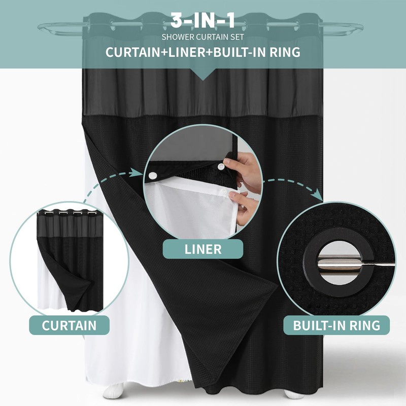 eachope Black No Hook Waffle Weave Shower Curtain with snap-in