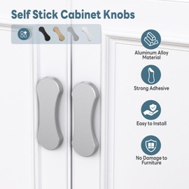 YogePote 4 Pack Silver Adhesive Cabinet Knobs, 3 Inch No-Drill Self-Stick Pull Handles, Aluminum Alloy Stick on Drawer Knobs for Sliding Barn/Balcony Doors, Windows, Closets, Wardrobes (4, Silver)