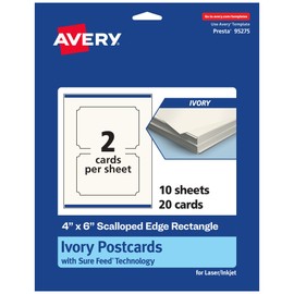 Avery Printable Rectangle Scalloped Postcards with Sure Feed Technology, 4" x 6", Ivory Cardstock, Print-to-the-Edge, Laser/Inkjet Cards, 20 Total