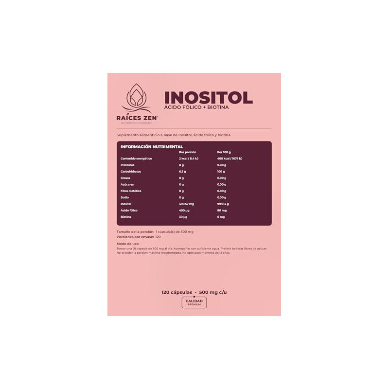 Inositol Ácido Fólico Biotina 120 Cápsulas 500 Gluten Lactosa