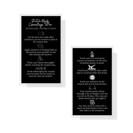 Stretch Mark Camouflage Tattoo Aftercare Card | 50 Pack | Size 2x3.5" inch Business Sized Card | Black with White Design