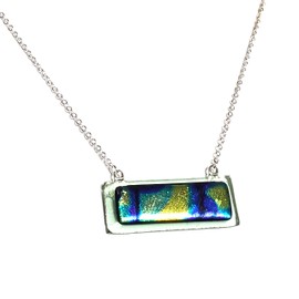 Dichroic Abstract on Green Tint Transparent Fused Glass Bar Necklace