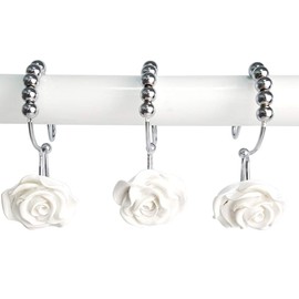Grace life Set of 12 Rose Decorative Shower Curtain Hooks Resin & Stainless Steel Ring Double Hooks Elegant Style Shower Curtain Hangers for Bathroom (White)