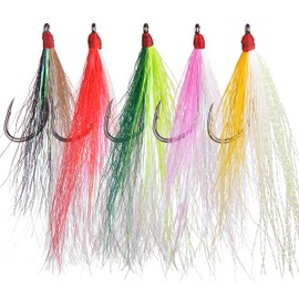 Fishing Bucktail Teaser Hooks,5pcs Saltwater Fishing Jig Teaser Lures with Carbon Steel Hooks Crystal Flash Flounder Rigs for Salmon Trout Sea Bass Steelhead