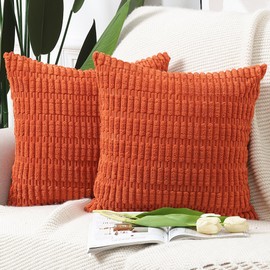 Madizz Pack of 2 Boho Striped Corduroy Throw Pillow Covers 16x16 inch, 40x40 cm, Reddish Orange Soft Decorative Cushion Cover for Sofa Bedroom Pillow Shell