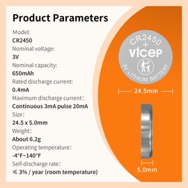 ViCep 5-Pack CR2450 Battery CR 2450 Batteries 650mAh 3V Lithium Coin Cell Compatible with Car Key Fob, Watches, Remote Control, Motion Detector & More, Individual Wrapped