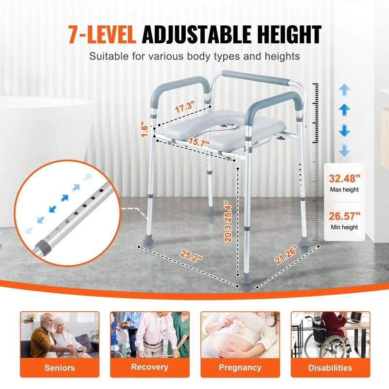 Adjustable Height Commode Chair With Removable Bucket Padded Seat Arms