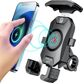 Kewig Motorcycle Phone Mount Qi 15W Wireless & USB C 20W Fast Chargeing Port, Automatically Lock & Quick Release Handlebar Cell Phone Holder for 4-7'' Phones
