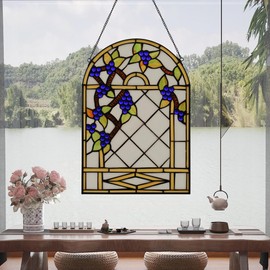YOURANJU Stained Glass Window Hanging Crafts Tiffany Plant Style Simple Flower Rectangular Glass Window Panel 16"X11" Window Suncatcher Perfect Window Hangings Housewarming Gift (with Chain Hook)