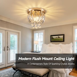 Gopmmy Modern Crystal Chandelier Golden,3-Lights Flush Mount Ceiling Chandeliers Lighting with K9 Crystals Fixture for Bedroom,Hallway,Hallway Entryway Foyer