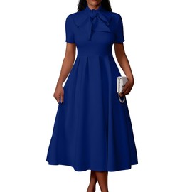 Memoriesea Women's Elegant Casual Short Sleeve Work Party A-Line Dress with Pockets Royal Blue