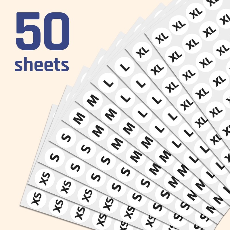 2cm Clothing Size Sticker Labels - 5 Sizes (XS, S,