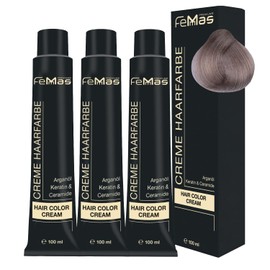 FemMas Hair Colour, Professional Cream Hair Colour with Argan Oil, Keratin & Ceramides, as Permanent Hair Colouring or Tint for Radiant, Durable Colour Results, 3x Light Blonde Ash 9.1, 100 ml