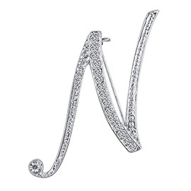 Opromo 26 Letters Silver Plated Metal Clear Crystal Lapel Pin Brooches Collar-Silver Letter N-1pcs