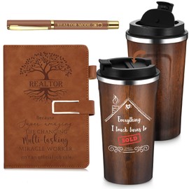 Pickmesh 3 Pcs Real Estate Agent Gifts Set Sales Estate Manager 17 oz Stainless Steel Tumbler Coffee Cup A5 Leather Journal with Ballpoint Pen Thank You Favor Closing Gift for Man(Brown)