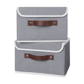 ANMINY 2PCS Storage Bins with Lid PU Leather Handles Storage Boxes PP Plastic Board Decorative Foldable Lidded Cotton Linen Fabric Home Cubes Baskets Closet Organizer Containers - Gray, Small Size