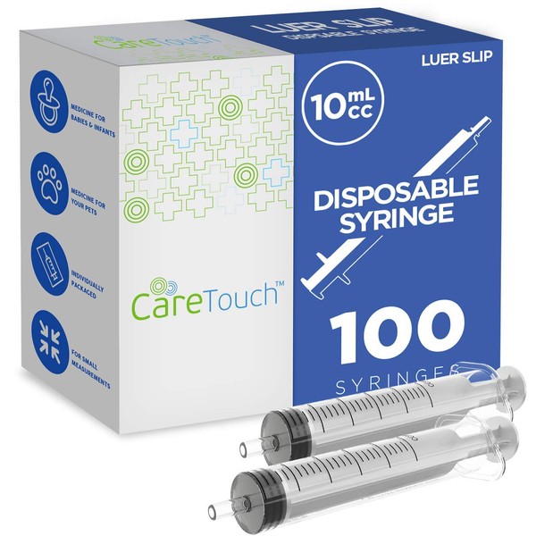 Care Touch 10ml Syringe with Luer Slip Tip - 100 Sterile Syringes – No Needle Great for Dispensing Oral Medicine and Home Care