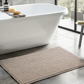 FRESHMINT Thick Chunky Chenille Bath Rugs 24"x36", Non Slip Bath Mat, Soft Bathroom Decor, Cute Shower Mat, Water Absorbent, Washable, Beige