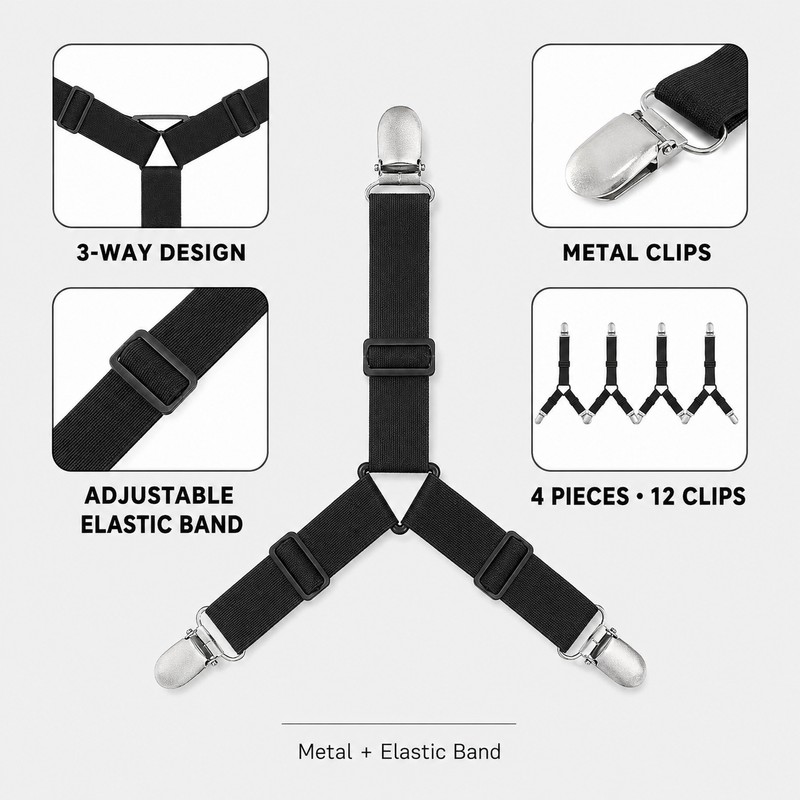 Adjustable Crisscross Bed Sheet Holder Straps with 12 Clips, Black
