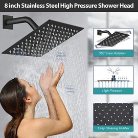 Shower Head with handheld, High Pressure 8'' Rain Shower Head/Brass Handheld Shower Combo,with 78'' Hose Anti-leak Shower Head with Adhesive Shower Head Holder (Square, Black)