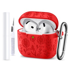 GEAK Funda para Airpods 4 - Fundas Protectora de Silicona con Flores Grabadas, Incluye Kit de Limpieza y Llavero Compatible con Airpods 4 Case 2024 para Mujer, Rojo