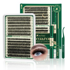 KEYYOU DIY Lash Extension Kit 280pcs Soft Lash Clusters 60D+80D D Curl Easy to Apply with Lash Bond and Seal Lash Applicator and Remover Eyelash Extension Kit at Home(RMkit-60D80D-D-8-16mix)