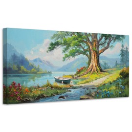 Anolyfi Large Canvas Wall Art Lake Landscape Painting Outdoor Scenery Picture, Green Tree and Boat Panoramic Print Textured Artwork Framed for Living Room Bedroom Bathroom Office Home Decor 40"x20"