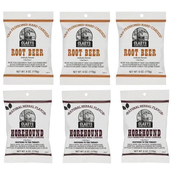 Claeys Old Fashioned Hard Candy - Variety 6 Pack - Horehound and Root Beer - 3 of Each Flavor - 36 Ounces Total