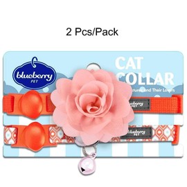 Blueberry Pet Pack of 2 Cat Collars, The Flower Power Perfect Orange Adjustable Breakaway Cat Collar with Bell & Detachable Flower, Neck 9"-13"