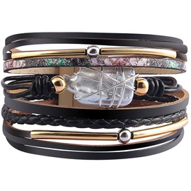 Fesciory Leopard Bracelet for Women, Boho Leather Wrap Multi-Layer Pearl Crystal Bracelet Bangle Jewelry(Black Leather(Pearl))