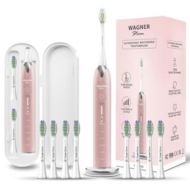Cepillo de dientes Wagner & Stern para blanquear ultrasónico con sensor de presión. 5 modos de cepillado y 4 niveles de intensidad con control deslizante 3D, 8 cerdas Dupont, funda de viaje premium. (Oro rosa)