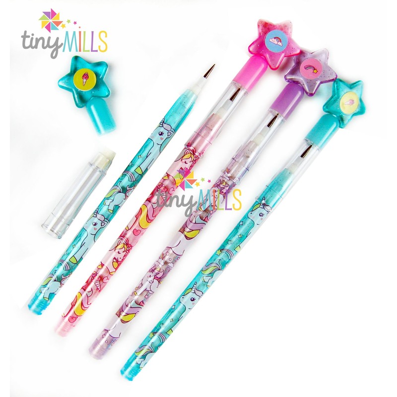 TINYMILLS 24 Pcs Unicorn Stackable Push Pencil Assortment with Eraser