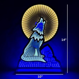 Elumina Decor - Wolf Infinity Mirror Night Light - LED Wolf Nightlight for Kids - USB-Powered with Dimmer Switch - 3D LED Infinity Light - Bedroom Decor for Boys, Girls & Teens - 10" x 14"