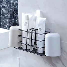 Toothbrush Holders for Bathrooms - Metal Countertop Toothbrush and Toothpaste Holder, Creative No-Drill Wall Mounted Tooth Brush Storage Rack Organizer Stand with 2 Mouthwash Cups Hanger (Black)