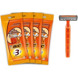 BIC 3 Sensitive, Men's Disposable Razors, Fixed Head Triple Blade for a Close Shave, Bundle of 4 Packs of 4