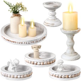 Mumufy 6 Pack Wood Candle Holder Rustic Decorative Beaded Candle Tray Round White Washed Candle Stick Holders Farmhouse Table Centerpiece for Fireplace Dining Home Coffee Table Decor