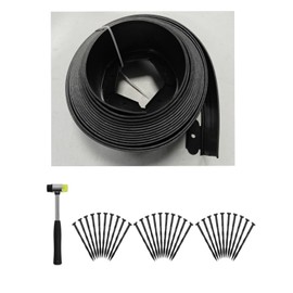 Lawn and Garden Edging Border, 10 m Length, 10 cm Height, Black Plastic with 30 Spikes and Hammer