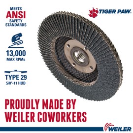 Weiler 51125 4-1/2" Tiger Paw Abrasive Flap Disc, Conical (Ty29), Phenolic Backing, 60Z, 5/8"-11 Unc Nut (Pack of 10)