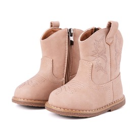 BMCiTYBM Baby Cowboy Cowgirl Boots Infant Western Boots Toddler Boys Girls Round Toe Riding Mid Calf Boots All Seasons for 6 9 12 18 24 Months Camel Size 5 Toddler