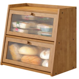 viewcare Extra Large Bread Box, Double Layer Bread Box for Kitchen Counter, Bamboo Wood Large Capacity Bread Storage Bin with Acrylic Wavy Door Panel