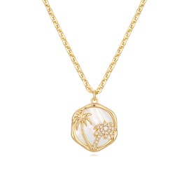 MYEARS Women Gold Necklace Coconut Tree Coin Pendant White Mother of Pearl Cubic Zirconia 14K Simple Dainty Thick Chain Everyday Summer Beach Jewelry