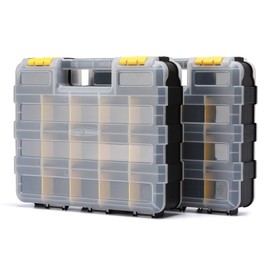 EMENTOL 2PCS Double Side Tool Organizer with Customizable/Removable Plastic Dividers, Hardware Box Storage for Screws, Nuts, Nails, Bolts, 34-Compartment, Black/Yellow
