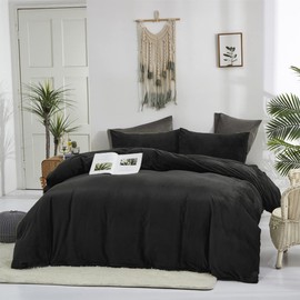 Pureant Black Velvet Comforter Sets Queen Solid Black Fluffy Bedding Comforters Women Men Plain Dark Color Flannel Quilt Modern Minimalist All Black Comforters Queen Size Micromink Sherpa Plush Bed