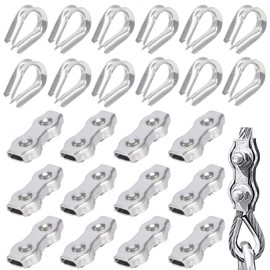 YUforest Pack of 24 Rustproof Rope Clamps, Duplex Clamps, Stainless Steel for Wire Ropes, Washing Lines, Fixed Patios, Hanging (12 Rope Clamps, 12 Thimbles), Silver