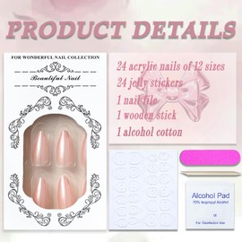 Champagne Pink Chrome Press on Nails Medium Almond, MABKJLF Mirror Metal Stiletto Fake Acrylic Nails with Bling Design, Fall Winter Glue on Nails for Daily Party Wear, False Nails Press ons in24 PCS