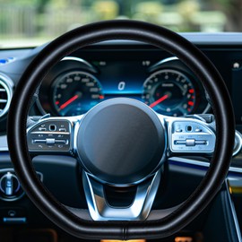 HAOKAY D Shaped Steering Wheel Cover, Black Geniune Leather Flat Bottom Steering Wheel Cover Steering for Women Men Universal 14 1/2-15 in